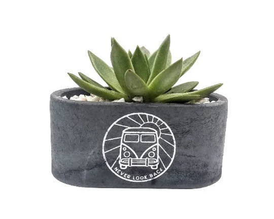 Black Vw Bus Oval Concrete Succulent Planter | Trendy Van Pot Hippie