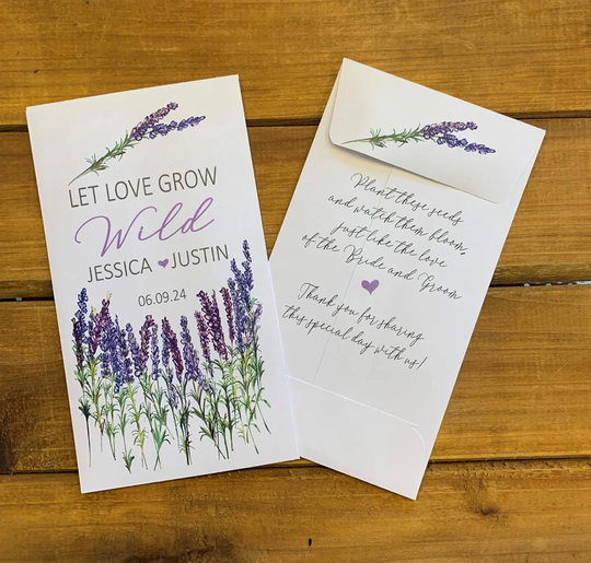 Lavender Flowers Wedding Let Love Grow Wild Seed Packet Favors, Bridal Shower Favor, With Or Without Seeds | Set Of 15, Sp20078