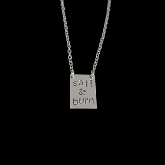 Salt & Burn Necklace // Supernatural Metal Stamped Hand Handmade Aluminum Silver Winchester