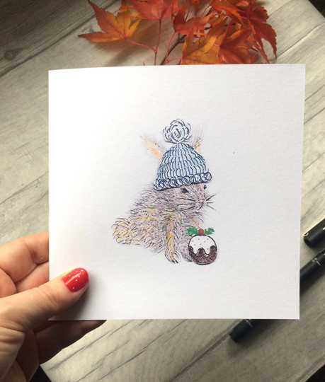 Beautifully Hand Drawn Rabbit Card - Christmas/Seasonal -Blank Inside