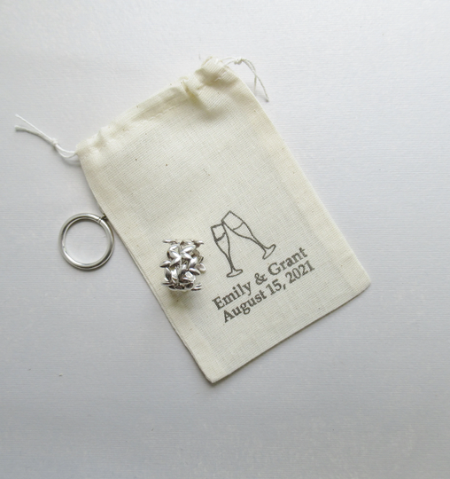 Personalized Wedding Ring Bearer Bag With Two Champagne Glasses Motif, Cotton Names & Date, Gift For Bride, Jewelry
