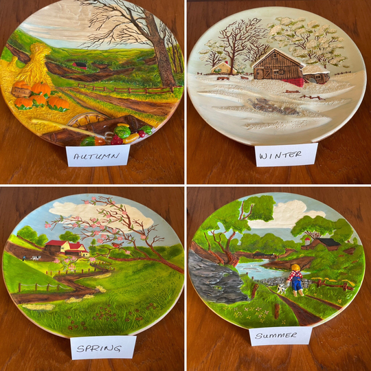 Vintage Byron Molds Seasonal Wall Decor | Your Choice, 3D Hand Painted Autumn, Winter, Spring Or Summer, 1972, Heavy Ceramic Plates