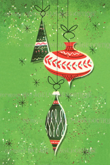 Fabulous 1950's Kitschy Mid Century Illustration Of Abstract Christmas Ornaments Seasonal Winter Solstice Holiday 5x7 Greeting Card