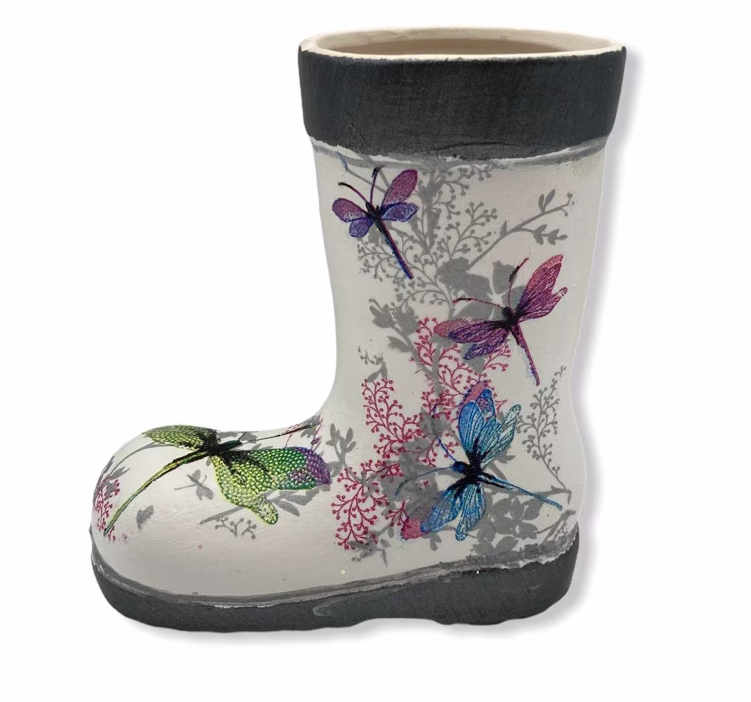 Dragonfly Wellie Boot Mini Planter For Home Or Garden, Decor Dragonflies Wellington, Unique Pond Decor, Ceramic Plant Pot