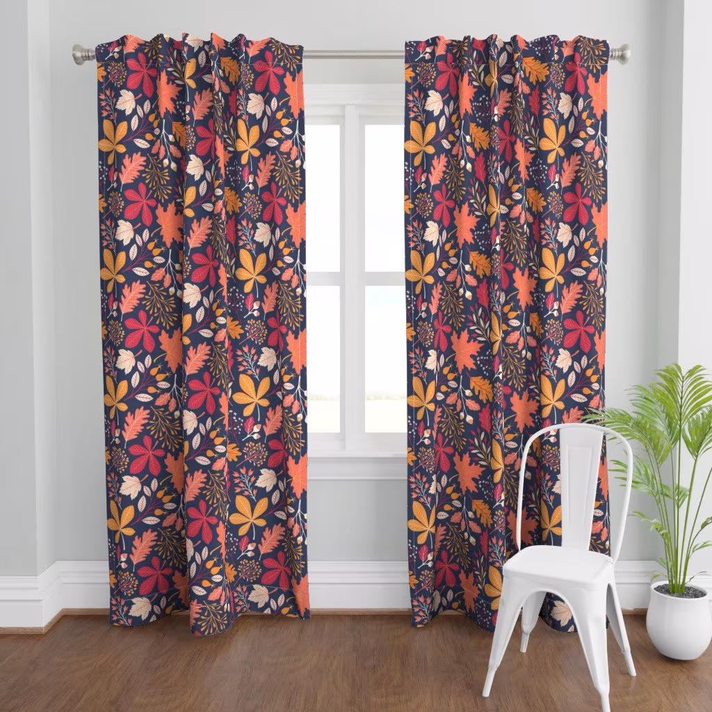 Autumn Leaves Curtain Panel - Botanicals Dark Blue By Handypanda Thanksgiving Seasonal October Custom Spoonflower