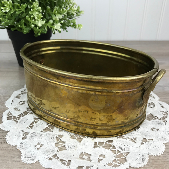 Vintage Brass Planter, Small Oval Indoor Planter With Side Handles, Succulent, Mid Century, Hollywood Regency, Boho Chic, Eclectic