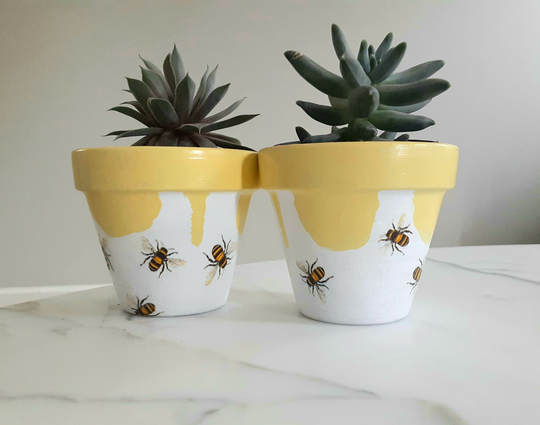 Set Of 2-Honeybee Clay Pots-3.5-Inch, Succulent Pots, Honeybees, Bee Clay Planters, Decoupage Pot, Save The Bees