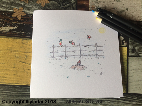 Hand Drawn -Subtle Colour -Christmas Card -Robins On A Meadowview