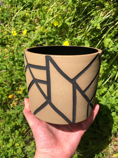 Diagonal Carved Ceramic Planter - Made To Order Brown & Black 4x4 Inches