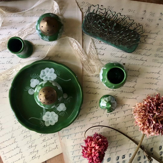 Vintage Thai Condiment Set, Porcelain & Brass Green White, Salt Pepper Shakers, Tray, Boho Eclectic Decor
