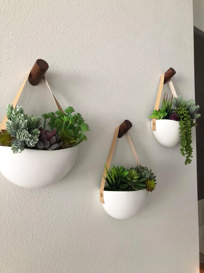 Set Of 3 White Hanging Planter, Wall Planter Set, Ceramic Succulent On Leather Straps, Pots