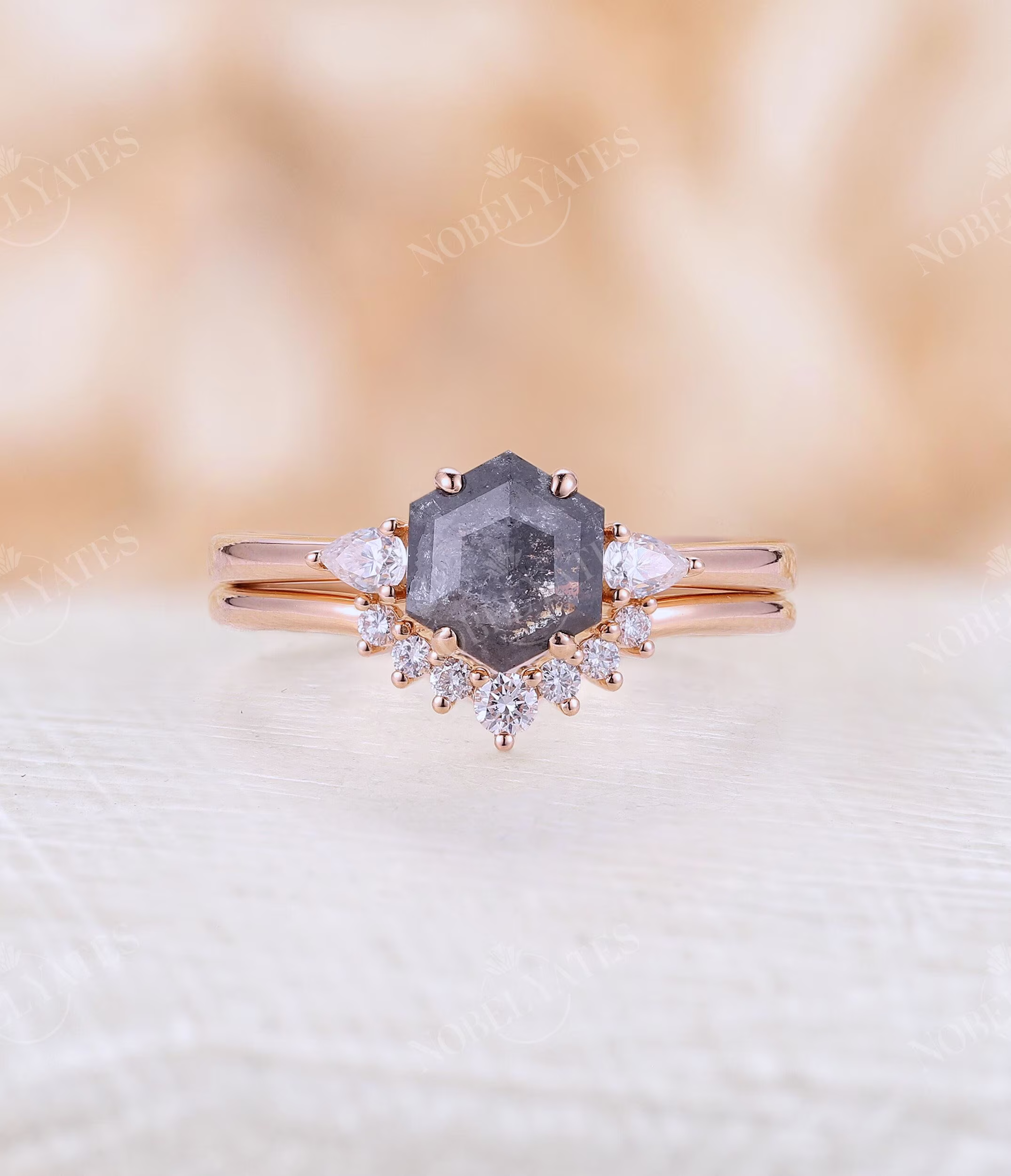 Vintage Salt & Pepper Diamond Engagement Ring Set Hexagon Shape Three Stones Rose Gold Wedding Band Promise Bridal