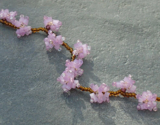 Japanese Cherry Blossom Bracelet, Seed Bead Flower Bracelet Garland, in Pink, Amethyst, Pale Yellow & Brown Czech Seed Beads, UK Seller