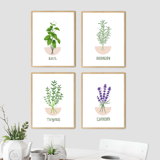 Gallery Wall Set Of 4 Herb Prints, Kitchen Decor Farmhouse, Pictures, Drawing, Sweet Basil, Thyme, Lavender, Parsley, Rosemary Art