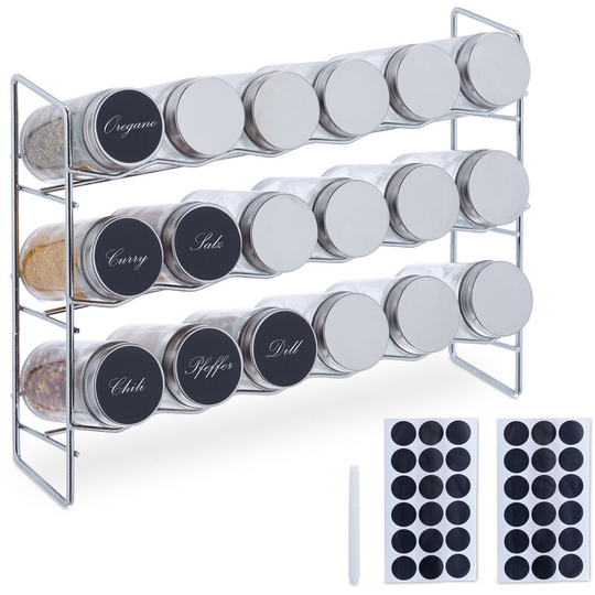 Spice Rack with 18 Jars, incl. 36 Labels, Herb Container, Glasses for Storage, HxWxD: 22 x 29 x 9.5 cm, Silver - Relaxdays