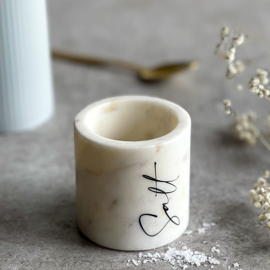 Personalised Printed Salt Sugar Pepper Pot | Dish Bowl Pig White Marble Kitchenware Wedding Gift