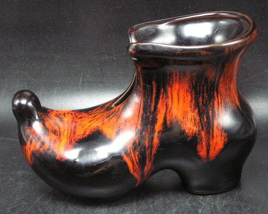 Vintage Canadian Pottery Pixie Shoe/Planter, Red Drip Glaze On Brown, 4