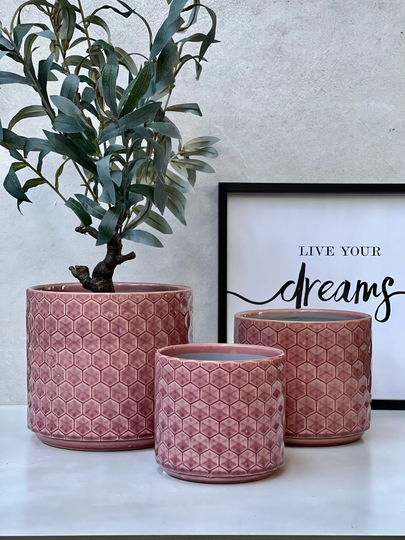 Pink Ceramic Honeycomb Style Plant Pots, Patterned Indoor Glazed Decorative Pots