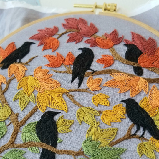 Autumn Birds Embroidery Hoop Kit, Crow Pattern, Fall Seasonal Craft Project, Leaves Needlework Design, Self Care Gift