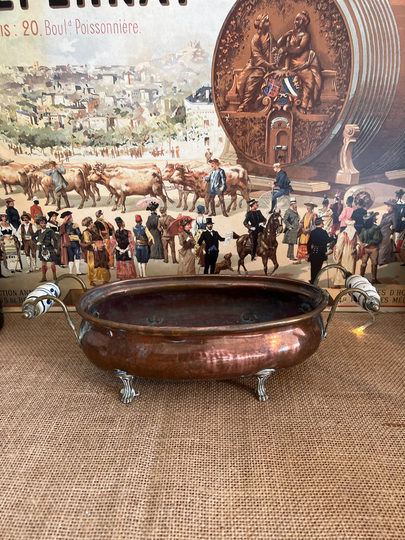 French Vintage Copper Planter With Brass Feet & Blue & White Ceramic Handles