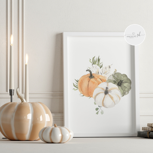 Autumn Trio Of Pumpkins Watercolour Floral Print | Autumnal Wall Art Decor Seasonal Fall Leaves Leaf