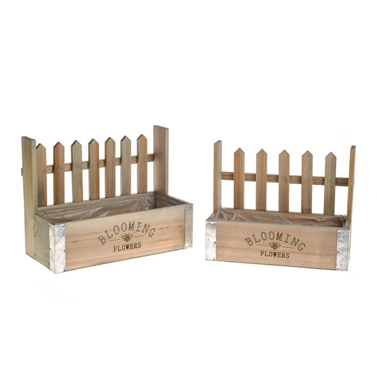 Beautiful Picket Fence Design Set Of Two Flower Planters - Quaint Planter With A Blooming Flowers Text On Front
