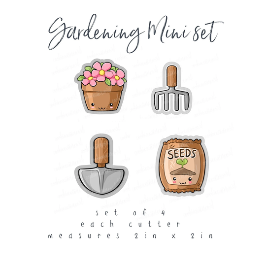 Mini Gardening Set Of 4 - Seed Packet, Hand Rake, Spade & Flower Pot Cookie Cutter, Fondant Clay Cutter