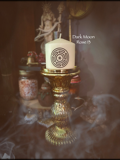 Hekate Altar Candle | Small Pillar Stropholos Cream White Hekate's Wheel Labyrinth Ritual Devotional