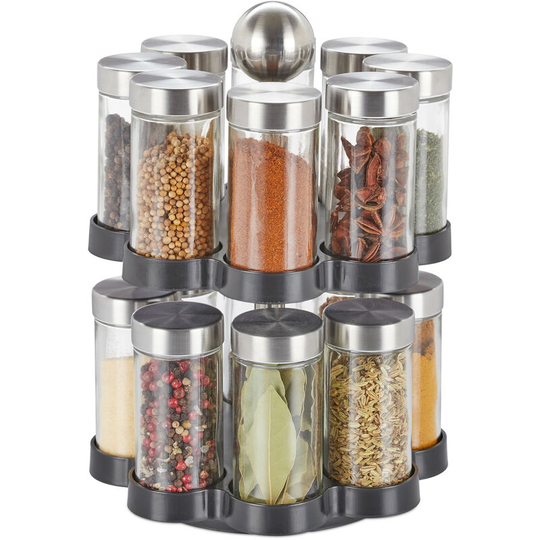 Spice Rack, 16 Glass Jars, Rotatable, Stainless Steel, h x d: approx. 25 x 17.5 cm, Silver/Black - Relaxdays