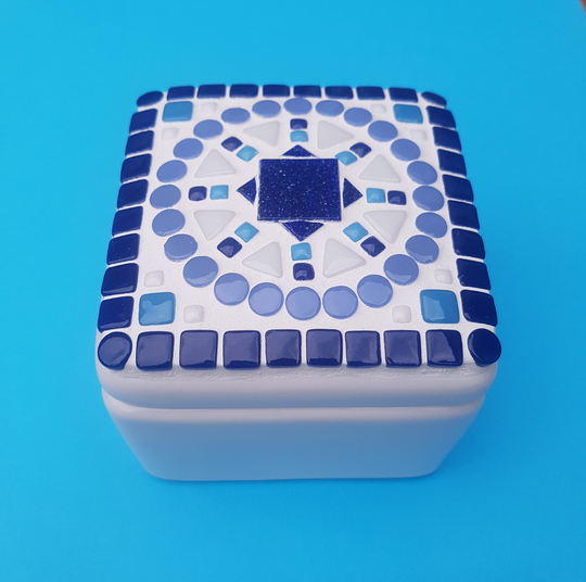 Mosaic Square Pot - Spanish Blues, Upcycled Pot, Kitchen Storage, Salt Jewelry Jewellery Storage