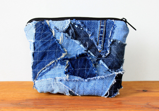 Boro Patchwork Denim Cosmetic Bag, Patch Zip Purse, Designer Small Bag