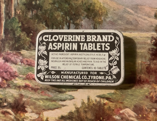 Rare Vintage Cloverine Aspirin Tin, Tyrone, Pa 1940S