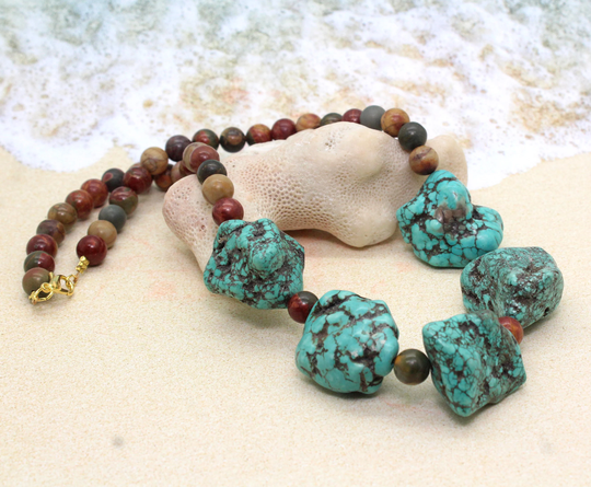 Chunky Turquoise & Jasper Necklace/Balance Nurturing Gemstone Beaded Stone Healing Crystals Sacral Chakra