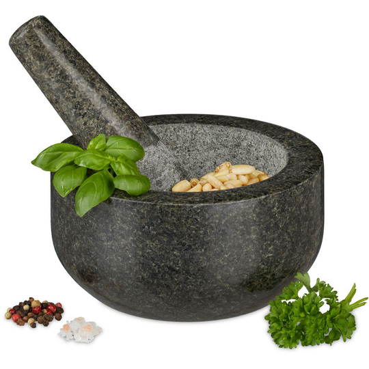 Mortar with Pestle, Spices, Herbs, Polished Stone Mortar, ø 16 cm, Vol. 400 ml, Granite, Grey - Relaxdays