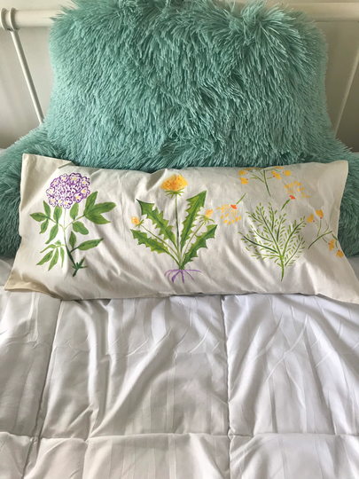 Original Hand Painted Stenciled Botanical Unbleached Muslin Pillow Case 27"x12