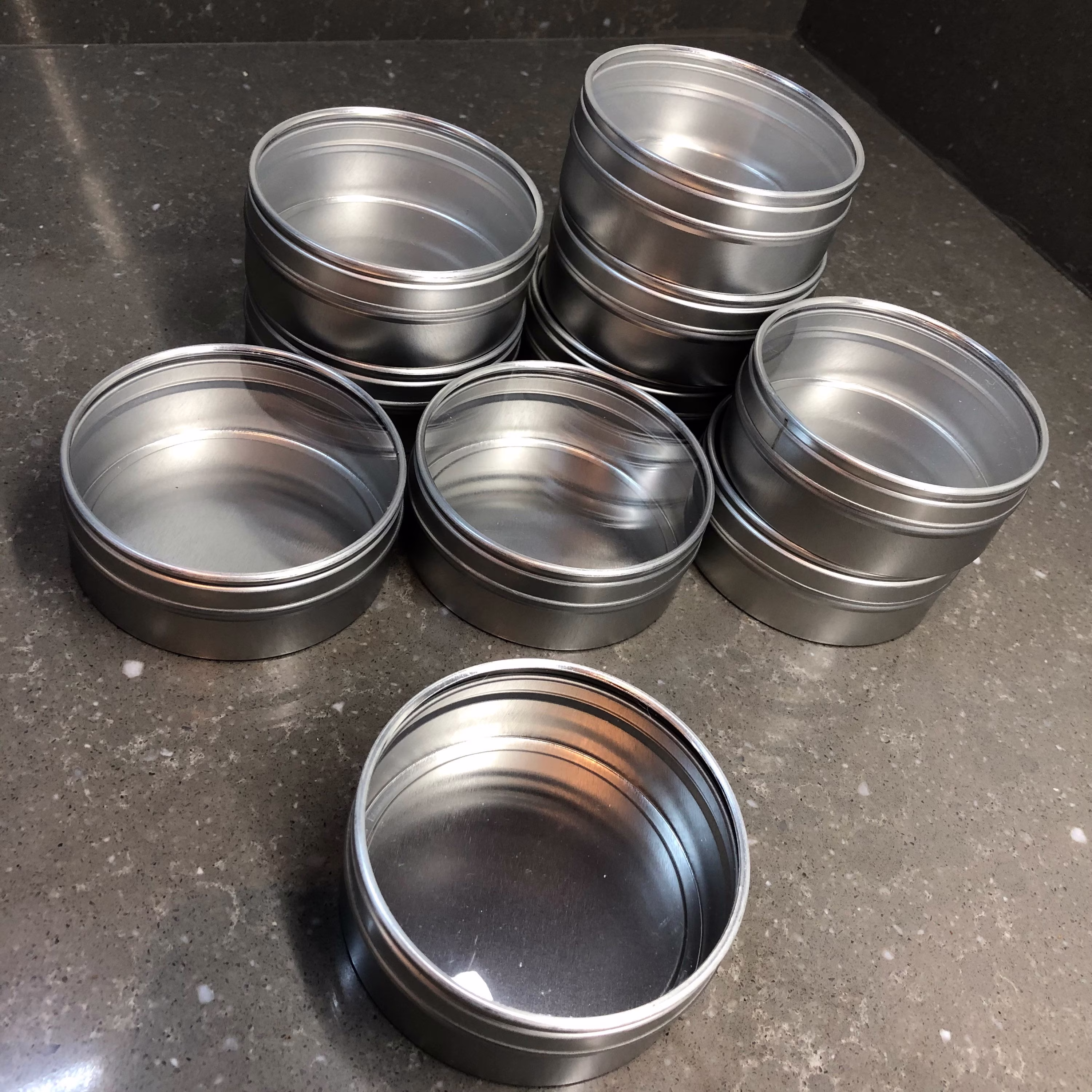 10 X Round Food Safe Tins With Clear Window Slip Lid. 80 28mm 125Ml