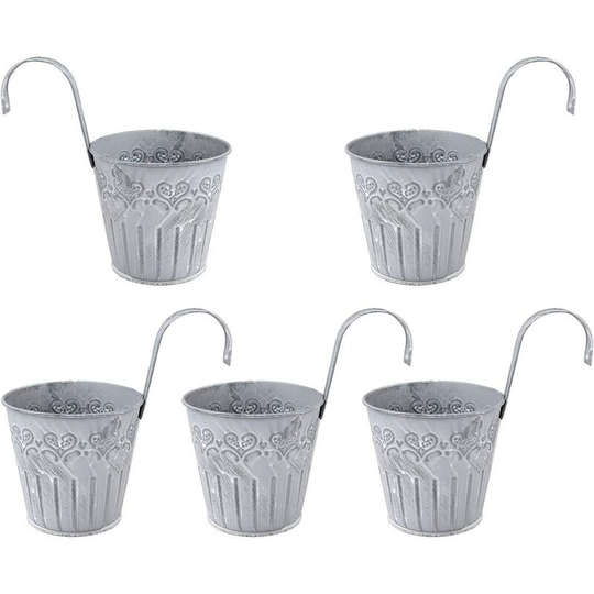 Soekavia - 5PC Old Metal Iron Flower Pot Buckets Vintage Artificial Printing Potted Plants Flower Pots Succluents Crafts Bucket Holder with Hooks