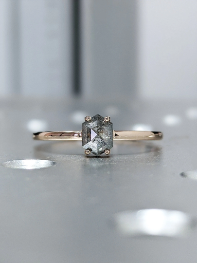 0.3 Carat Raw Diamond, Salt & Pepper, Hexagon, Unique Engagement Ring, Rose Cut Geometric Diamond 14K Gold, Custom Handmade