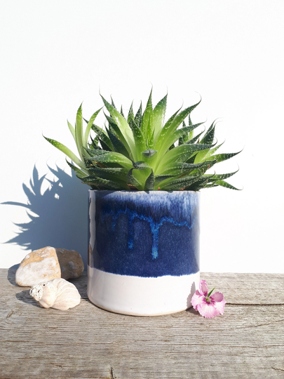 Dark Blue Glazed Plant Pot. Beachy Planter With A Mesmerising Ocean Glaze