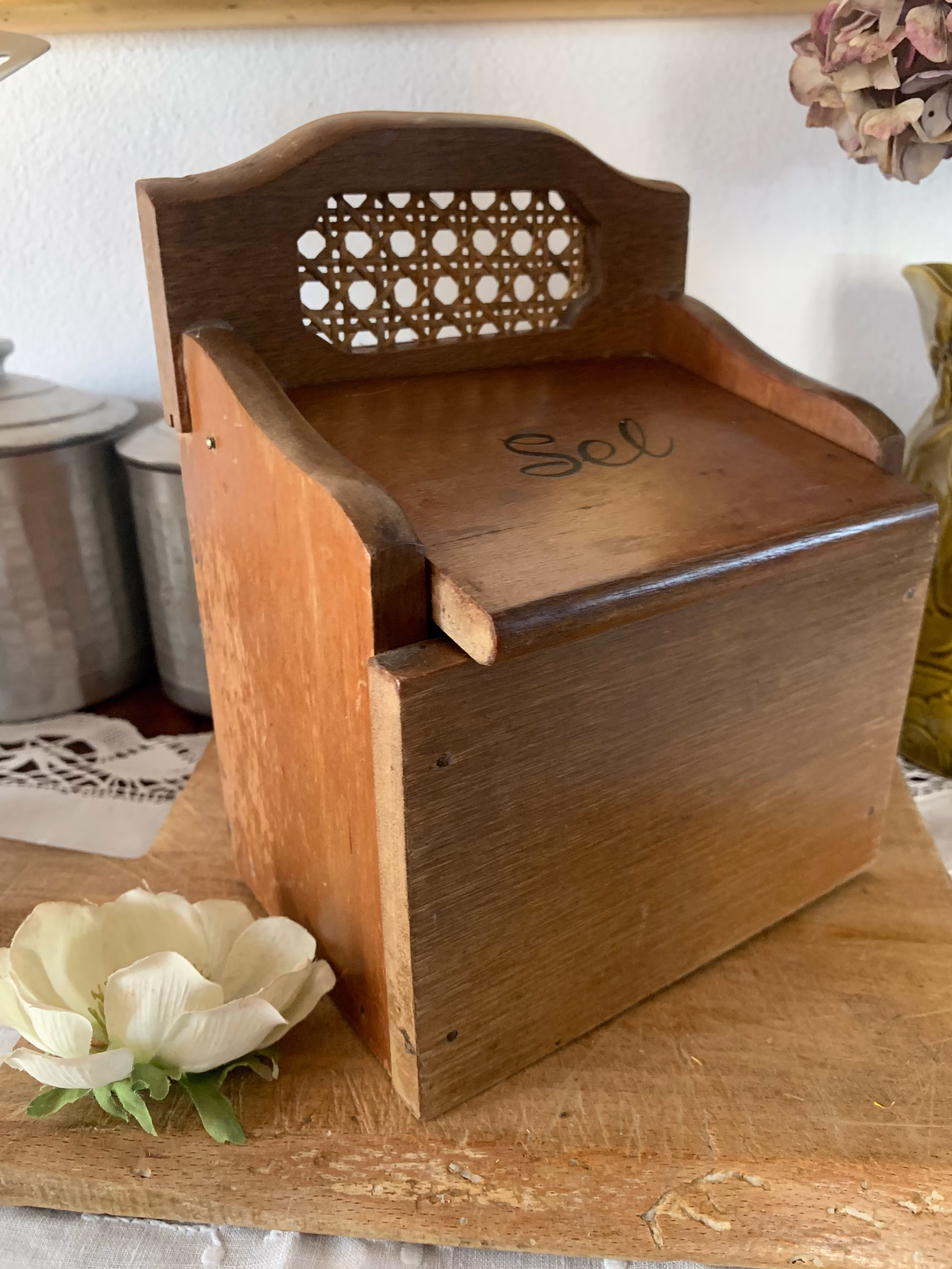 French Vintage Wooden Salt Cellar Or Box - "Sel