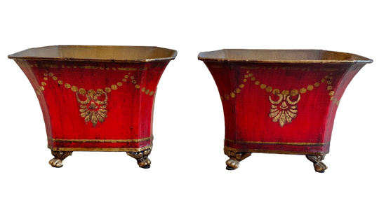 Tole Red & Gold Planters-With Flared Sides-Gilt Pearl Palmette Details-And Gilded Cast Feet-For Flower Arrangementsts