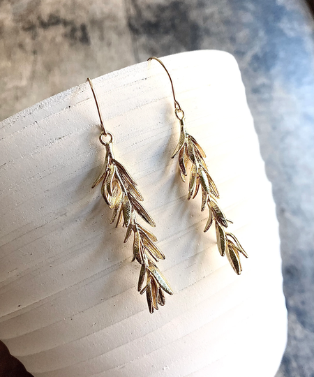 Rosemary Sprig Earrings/Medicinal Herb Jewelry Gold Leaf Dangle