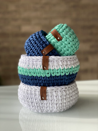 Crochet Basket Set, Indigo, Storage, Crochet For Sale, Multipurpose, Home Decor, Storage Basket, Flowerpot, Planters