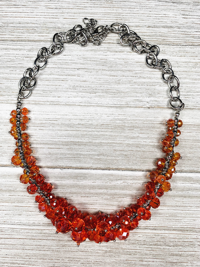 Orange Ombré Beaded Statement Necklace - Fall Season Gifts For Her Sparkle Simple Color Layer Holiday Jewelry