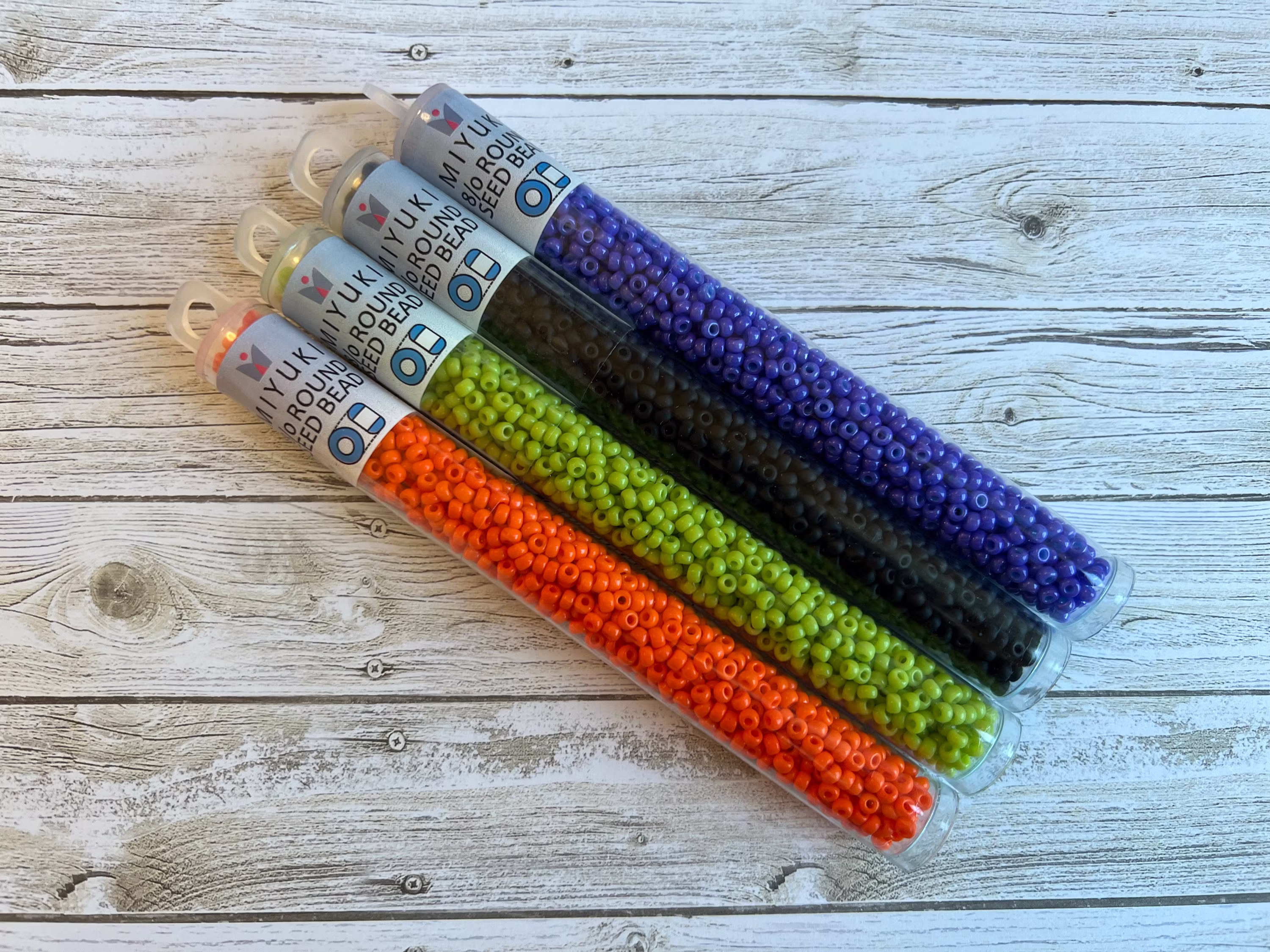 Halloween Seed Bead Set, Size 8, Opaque Beads, 22G Of Each Color, Lime, Orange, Purple & Matte Black, 4 Tubes Total
