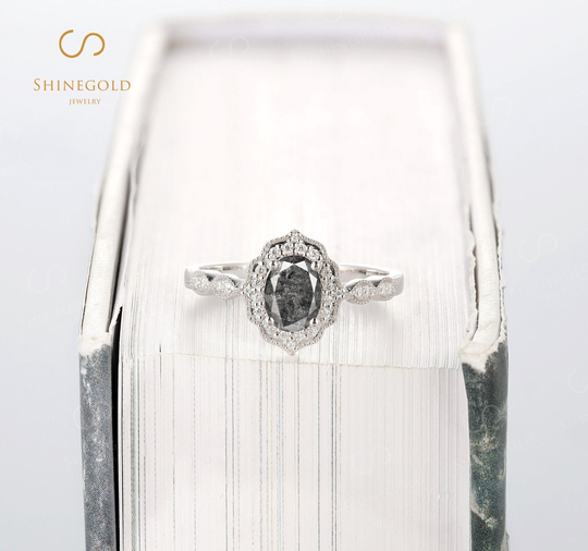 Vintage Salt & Pepper Diamond Engagement Ring Unique White Gold Oval Cut Bridal Moissanite Art Deco Prong Set Anniversary