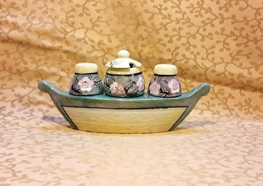 Antique Japanese Lustre Porcelain Salt Pepper Shakers Mustard Pot Set in Boat Art Deco 1920S Floral