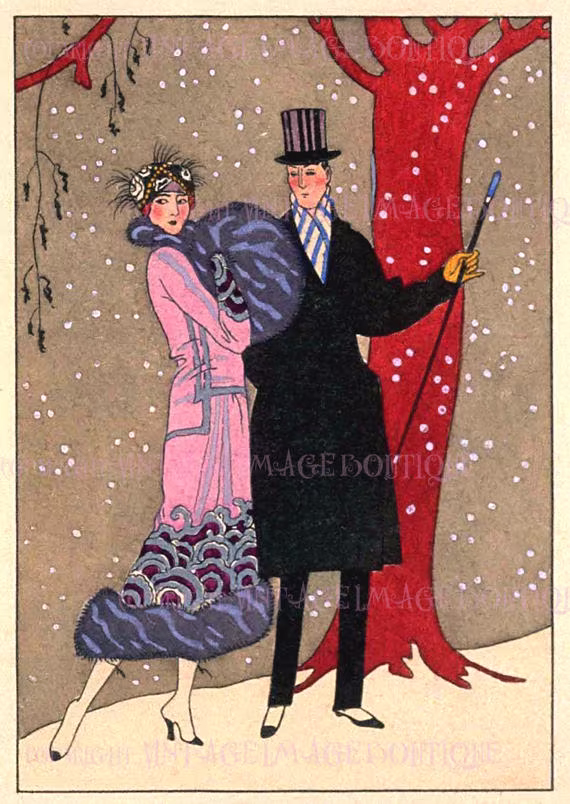 Antique 1920's Chic Couple Winter Scene Christmas Season Solstice Holiday 5x7 Greeting Card
