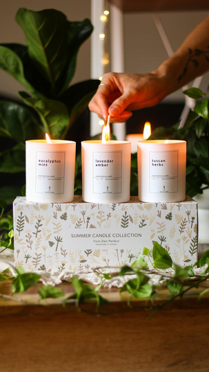 Herbal Spa Summer Candle Collection. Eucalyptus Mint, Tuscan Herbs, Lavender Amber. Natural Soy Vegan Gift Set Box