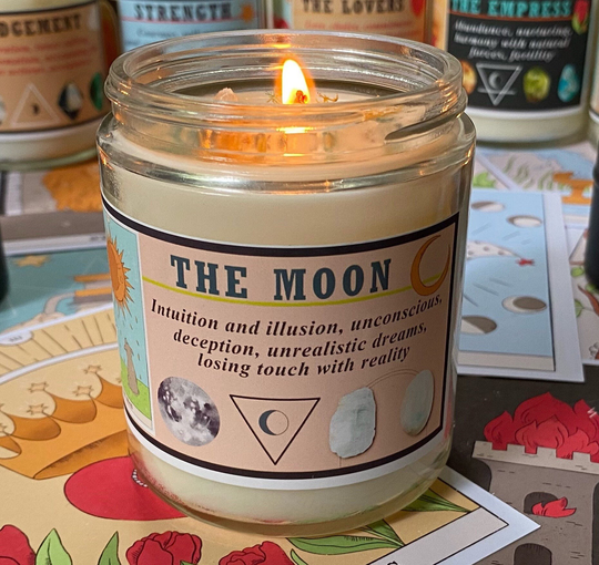 The Moon Tarot Card Candle With Crystals/Intention Candles/Tarot Candles/Label Includes Planet, Element, Phase, Crystals/Altar Candles